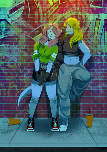Tatiana and Milly standing in front of a building wall.