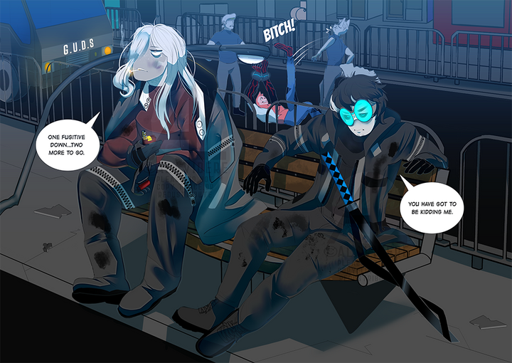 Cuervo and Deltra resting on a bench after dealing with a criminal.